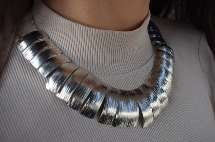 Aspides Necklace – Greek Hammered Jewelry – 18K Gold, Silver, or Rose Gold Plated. Handmade hammered statement necklace with shield-inspired segments.