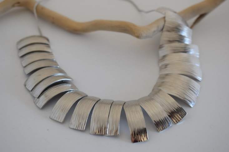 Aspides Necklace – Greek Hammered Jewelry – 18K Gold, Silver, or Rose Gold Plated. Handmade hammered statement necklace with shield-inspired segments.