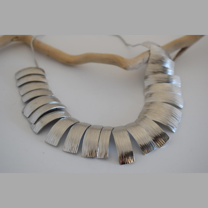 Aspides Necklace – Greek Hammered Jewelry – 18K Gold, Silver, or Rose Gold Plated. Handmade hammered statement necklace with shield-inspired segments.