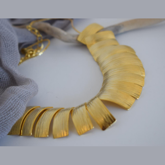 Aspides Necklace – Greek Hammered Jewelry – 18K Gold, Silver, or Rose Gold Plated. Handmade hammered statement necklace with shield-inspired segments.