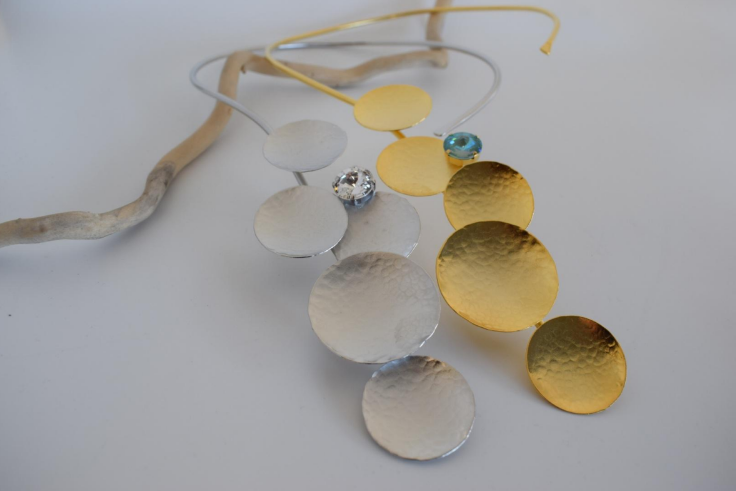 Diskos Necklace With Crystal – Greek Hammered Jewelry – 18K Gold, Silver, or Rose Gold Plated. Vertical hammered discs with crystal accent.