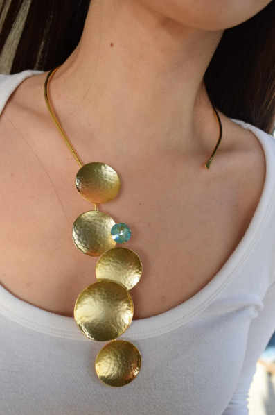 Diskos Necklace With Crystal – Greek Hammered Jewelry – 18K Gold, Silver, or Rose Gold Plated. Vertical hammered discs with crystal accent.