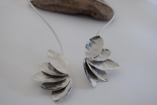 Handmade open choker necklace with layered hammered petal shapes inspired by the golden flower in ancient Greek culture, available in gold, silver, or rose gold plating.