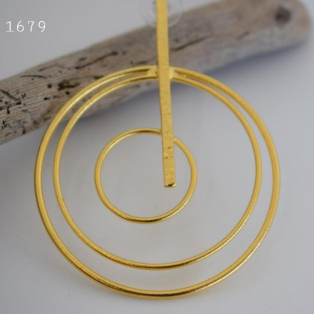 Handmade 18k gold plated triple spiral hoop earrings with vertical hammered bar, inspired by the cosmos and ancient Greek design