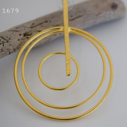 Handmade 18k gold plated triple spiral hoop earrings with vertical hammered bar, inspired by the cosmos and ancient Greek design