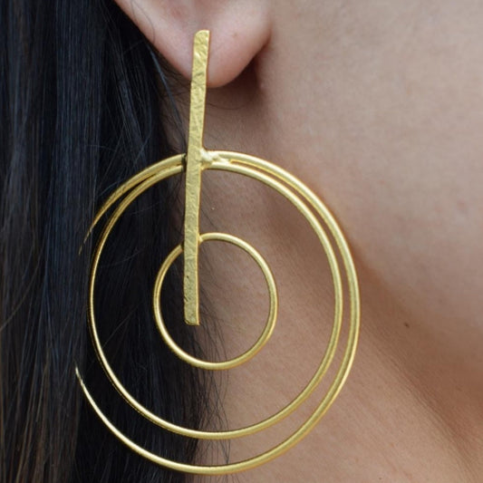Handmade 18k gold plated triple spiral hoop earrings with vertical hammered bar, inspired by the cosmos and ancient Greek design