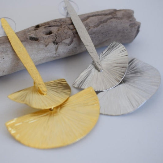 Handmade 18k gold plated double fan-shaped earrings inspired by the waves of the Aegean Sea, with textured hammered finish