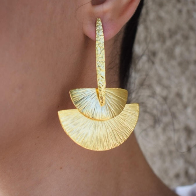 Handmade 18k gold plated double fan-shaped earrings inspired by the waves of the Aegean Sea, with textured hammered finish