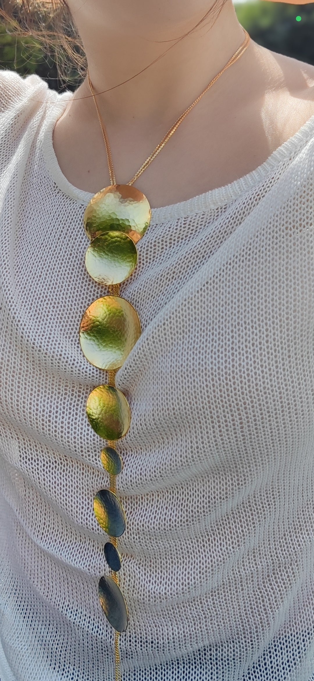 Rhea necklace – Greek hammered jewelry in 18K gold plated, 18K silver plated, and rose gold plated. Handcrafted necklace with hammered circular discs symbolizing the eternal cycle of life.
