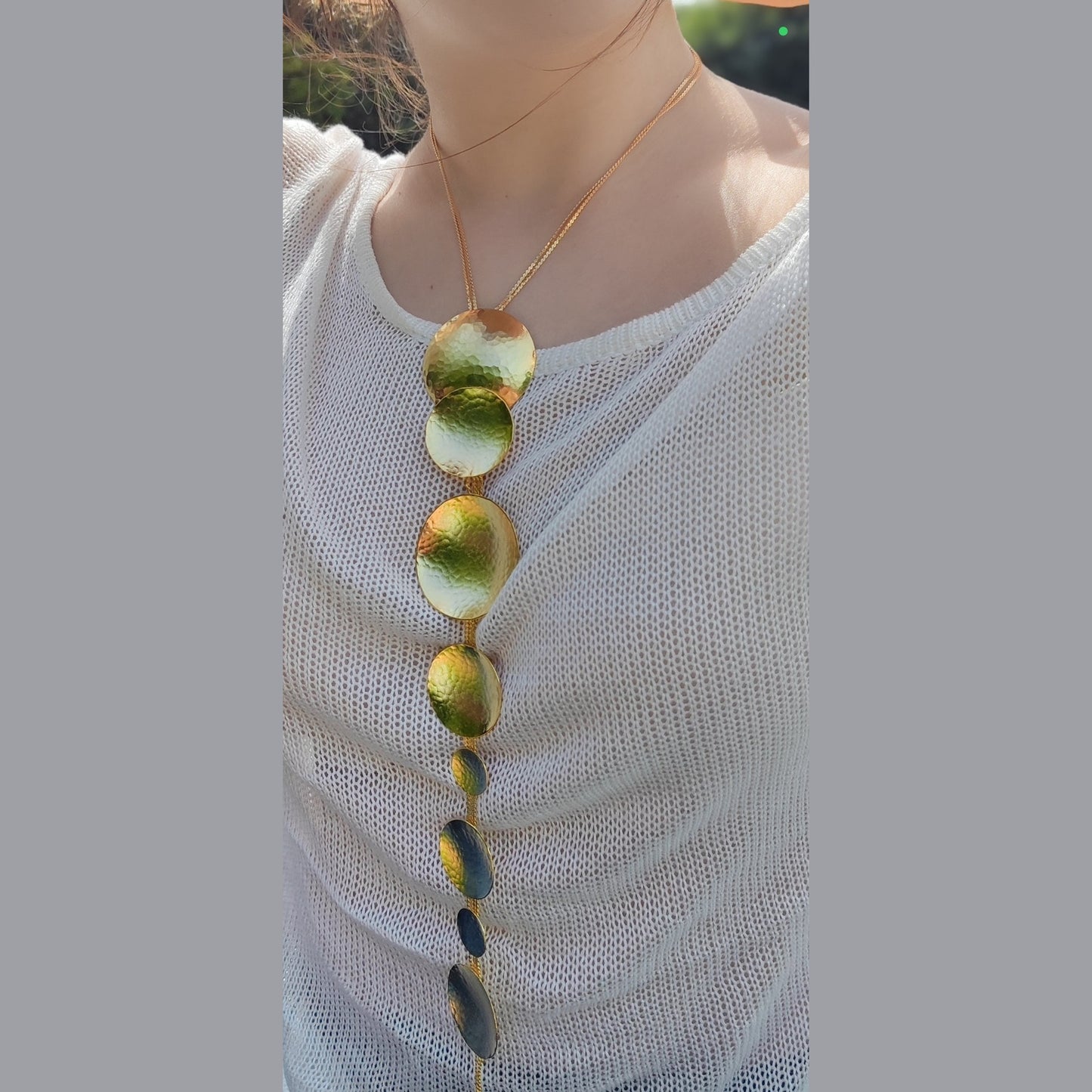 Rhea necklace – Greek hammered jewelry in 18K gold plated, 18K silver plated, and rose gold plated. Handcrafted necklace with hammered circular discs symbolizing the eternal cycle of life.