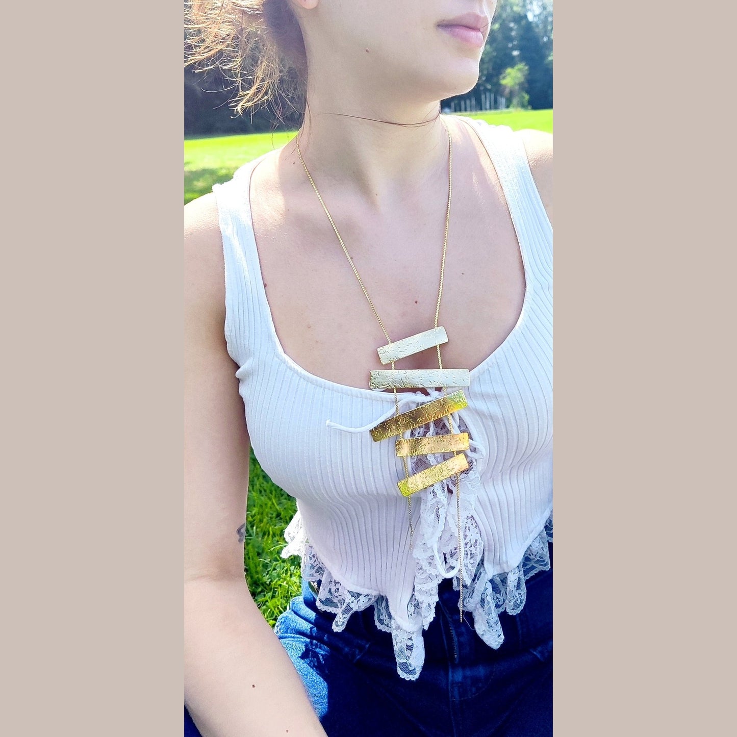 Meteora necklace Greek hammered jewelry 18K gold or silver plated with vertical hammered bars