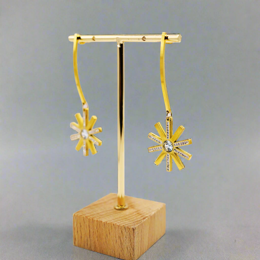 Starburst Curved Bar Dangle Earrings – Modern Stainless Steel, Hypoallergenic