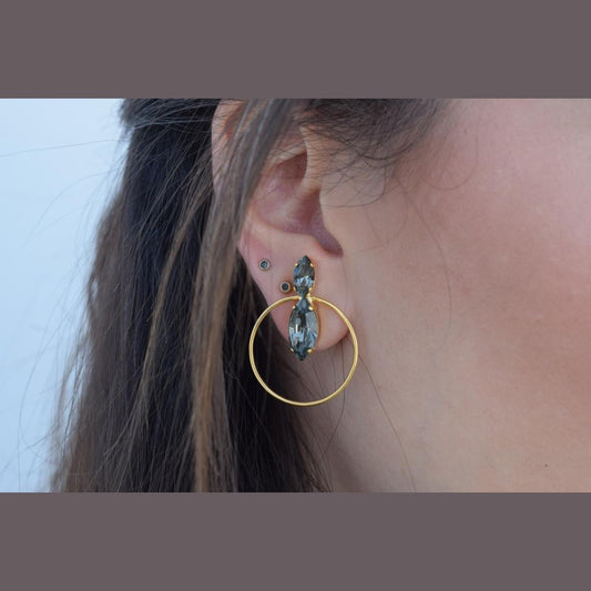 Helike2 earrings in handmade Greek hammered jewelry design with fine crystals, available in gold plated and silver plated finishes.