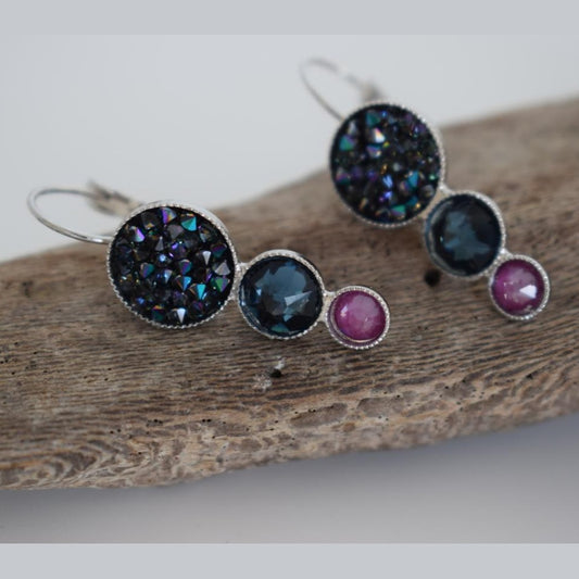 Seleni4 earrings in handmade Greek hammered jewelry design with fine crystals, available in gold plated and silver plated finishes.