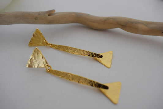 Alcyone earrings in handmade Greek hammered jewelry design, available in gold plated and silver plated finishes.