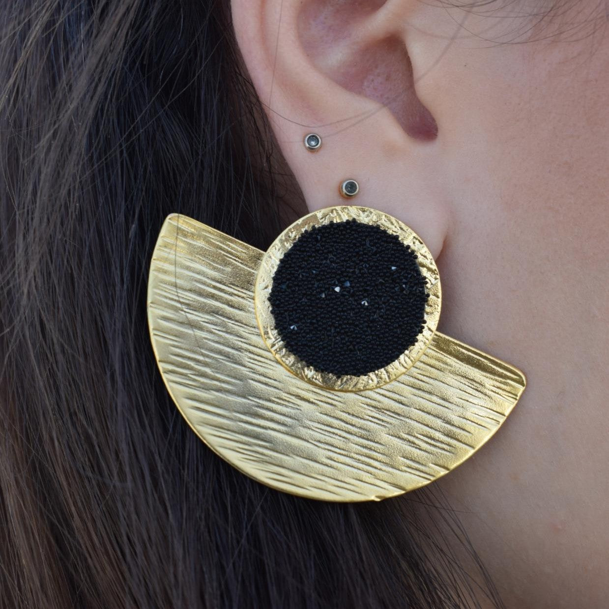 Orpheia2 earrings in handmade Greek hammered jewelry design with fine crystals, available in gold plated and silver plated finishes.