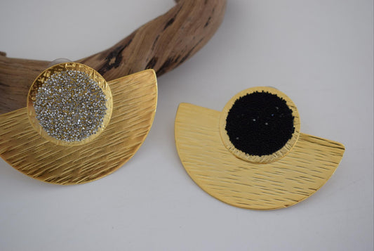 Orpheia2 earrings in handmade Greek hammered jewelry design with fine crystals, available in gold plated and silver plated finishes.