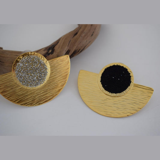 Orpheia2 earrings in handmade Greek hammered jewelry design with fine crystals, available in gold plated and silver plated finishes.