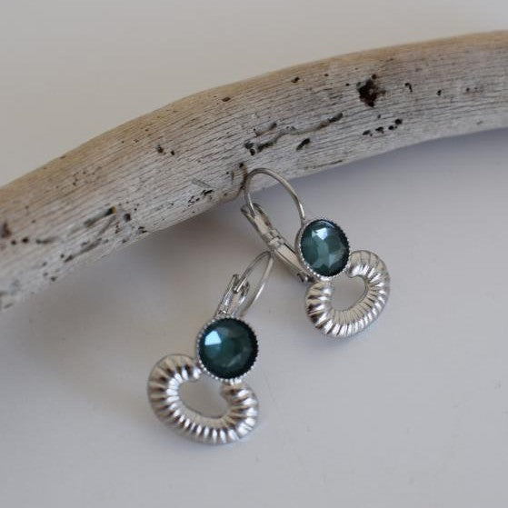 Ikaria3 earrings in handmade Greek hammered jewelry design with fine crystals, available in gold plated and silver plated finishes.