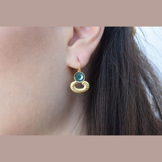 Ikaria3 earrings in handmade Greek hammered jewelry design with fine crystals, available in gold plated and silver plated finishes.