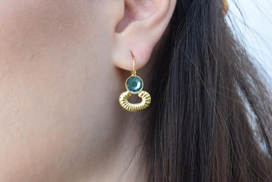 Ikaria3 earrings in handmade Greek hammered jewelry design with fine crystals, available in gold plated and silver plated finishes.