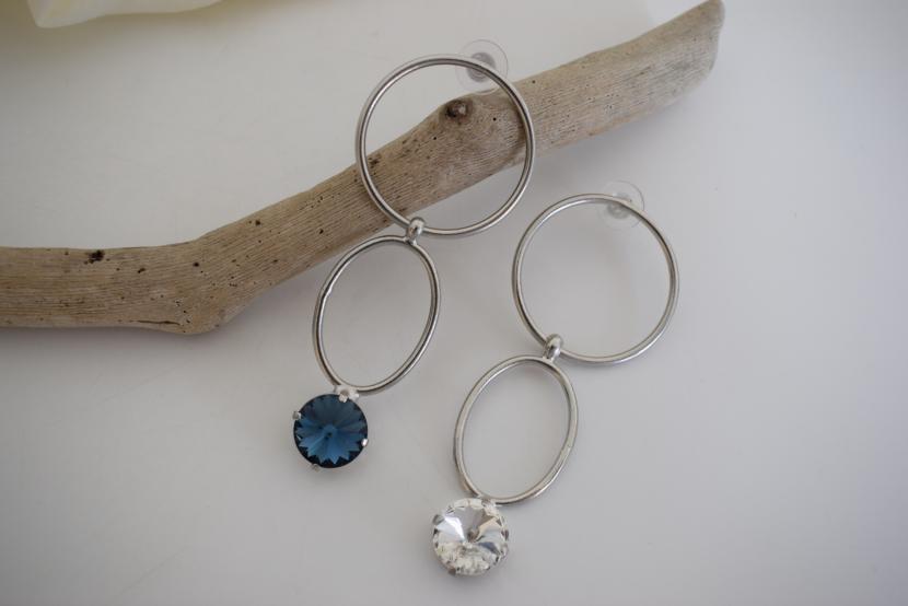 Kyklos earrings in handmade Greek hammered jewelry design with fine crystals, available in gold plated and silver plated finishes.