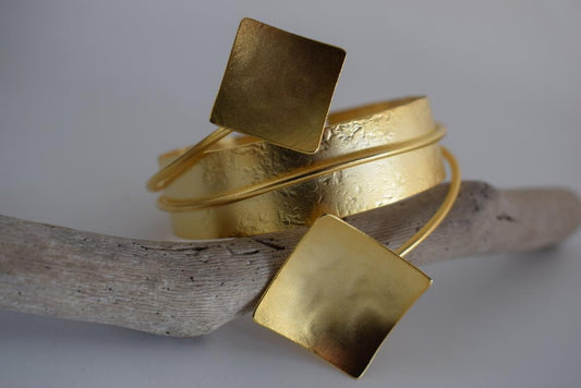 Rhombus bracelet Greek hammered jewelry available in 18K gold plated, 18K silver plated, and rose gold plated geometric cuff.