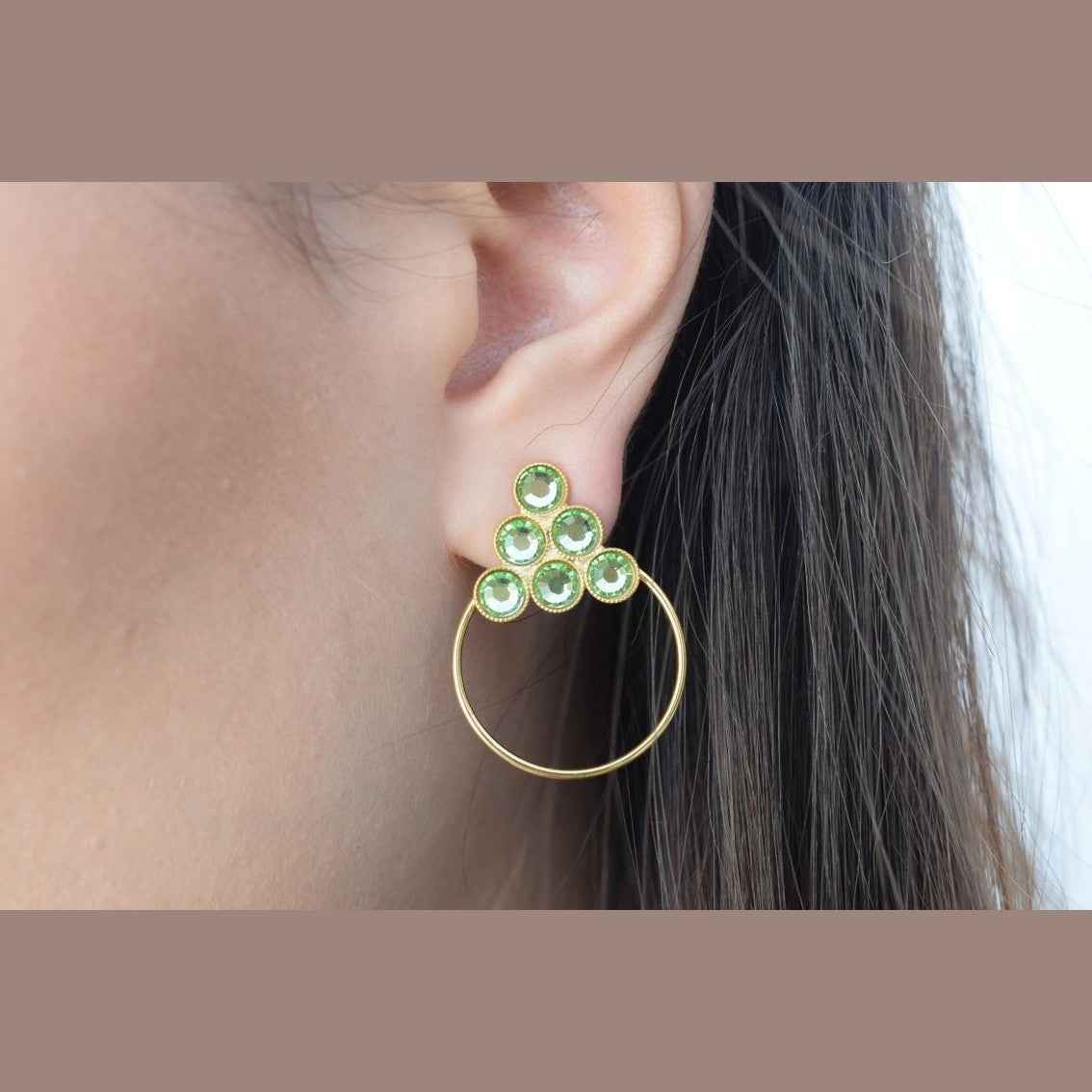 Tinos2 earrings in handmade Greek hammered jewelry design with fine crystals, available in gold plated and silver plated finishes.