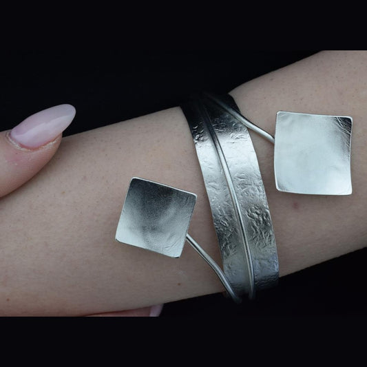 Rhombus bracelet Greek hammered jewelry available in 18K gold plated, 18K silver plated, and rose gold plated geometric cuff.