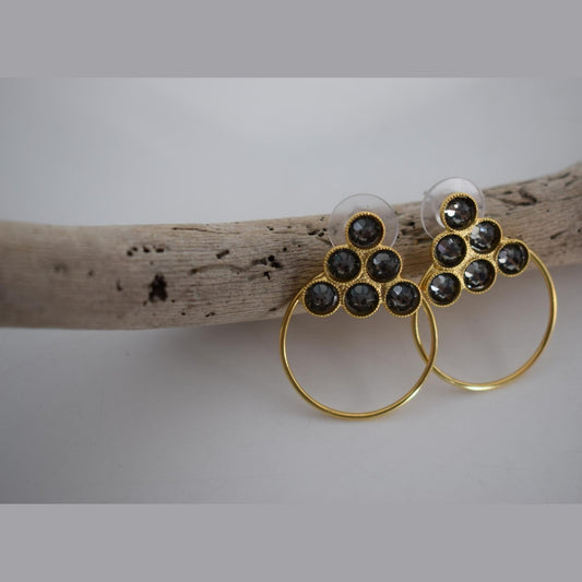 Tinos2 earrings in handmade Greek hammered jewelry design with fine crystals, available in gold plated and silver plated finishes.