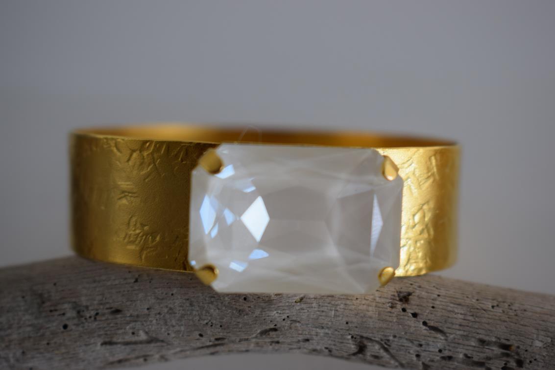 Okeanos bracelet Greek hammered jewelry with emerald-cut crystal in 18K gold, silver, and rose gold plated finish.