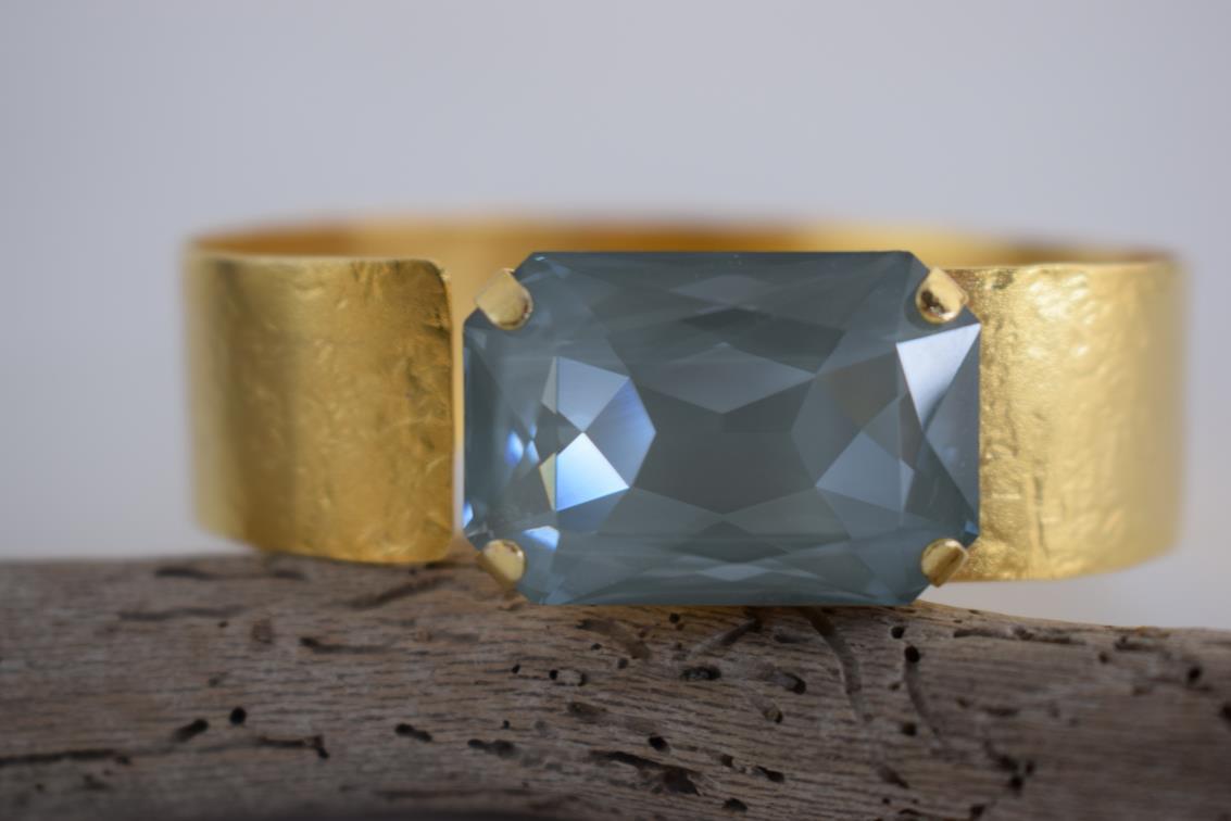 Okeanos bracelet Greek hammered jewelry with emerald-cut crystal in 18K gold, silver, and rose gold plated finish.