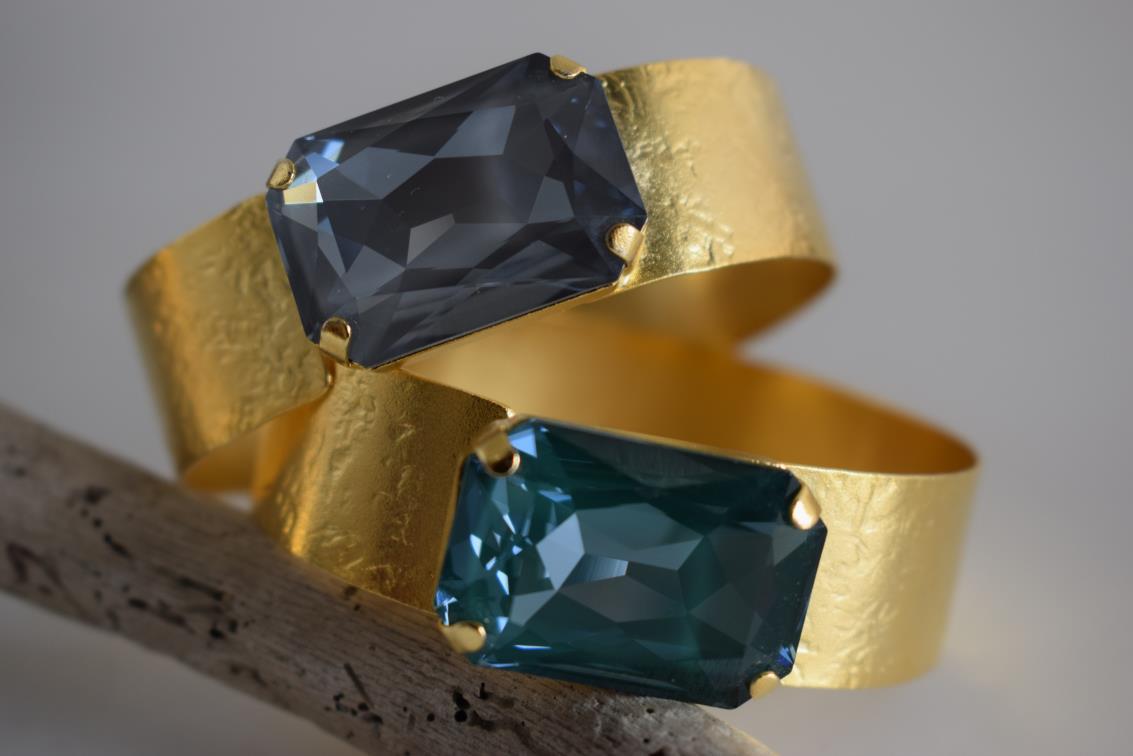 Okeanos bracelet Greek hammered jewelry with emerald-cut crystal in 18K gold, silver, and rose gold plated finish.