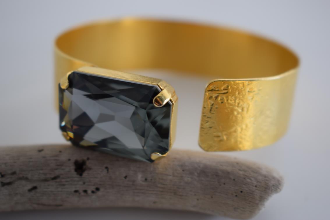 Okeanos bracelet Greek hammered jewelry with emerald-cut crystal in 18K gold, silver, and rose gold plated finish.