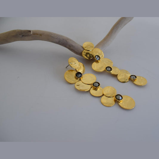 Epidavros earrings in Greek hammered jewelry design with fine crystals, available in 18K gold plated and 18K silver plated finishes.