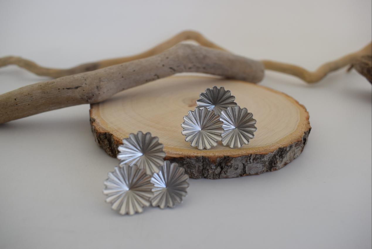 Florina earrings in Greek hammered jewelry design with floral texture, available in 18K gold plated and 18K silver plated finishes.