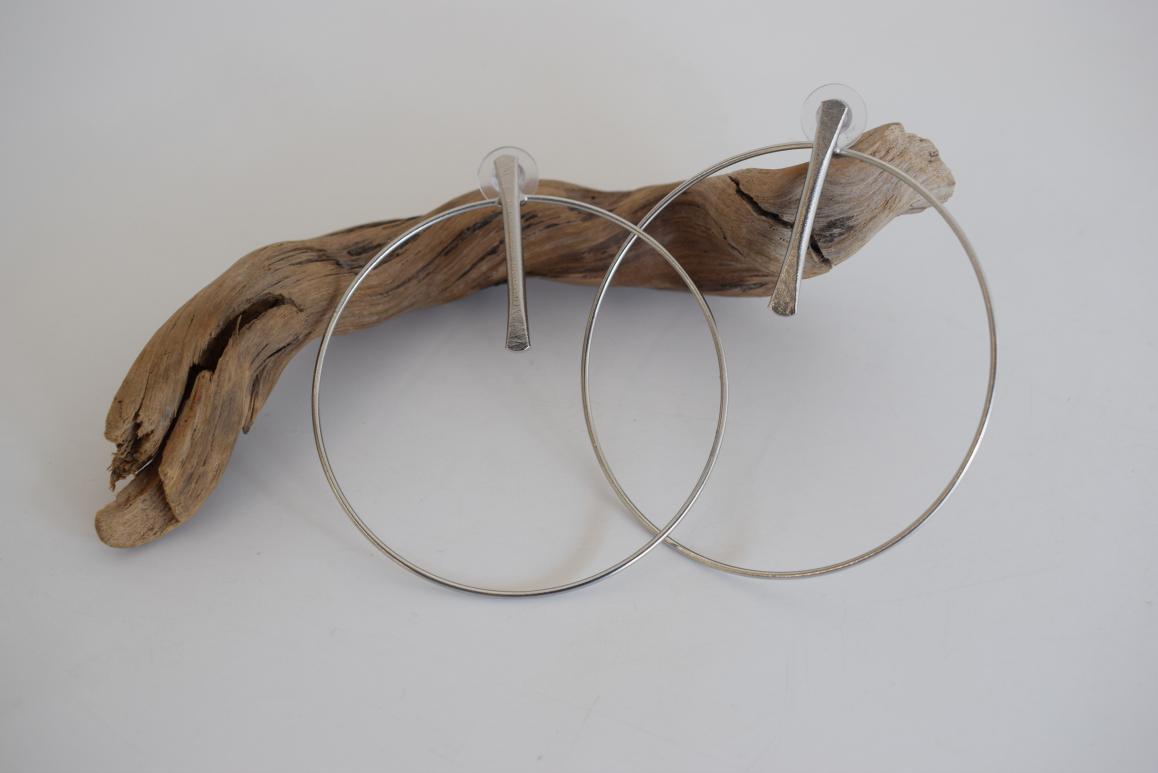 Elysia earrings in Greek hammered hoop design, available in 18K gold plated and 18K silver plated finishes.