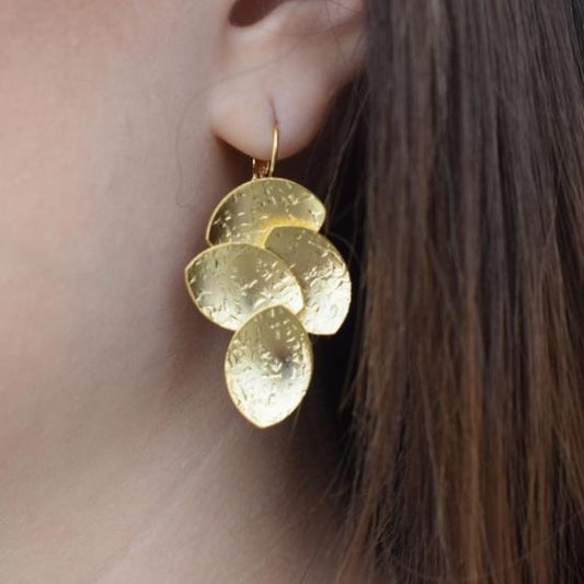 Calypso3 handmade Greek hammered earrings with layered discs, available in gold plated and silver plated.