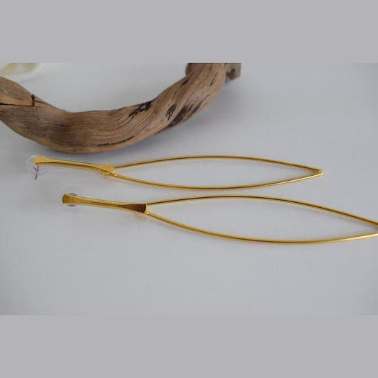 Nereis handmade Greek hammered long drop earrings with an open minimalist design, available in gold plated and silver plated.