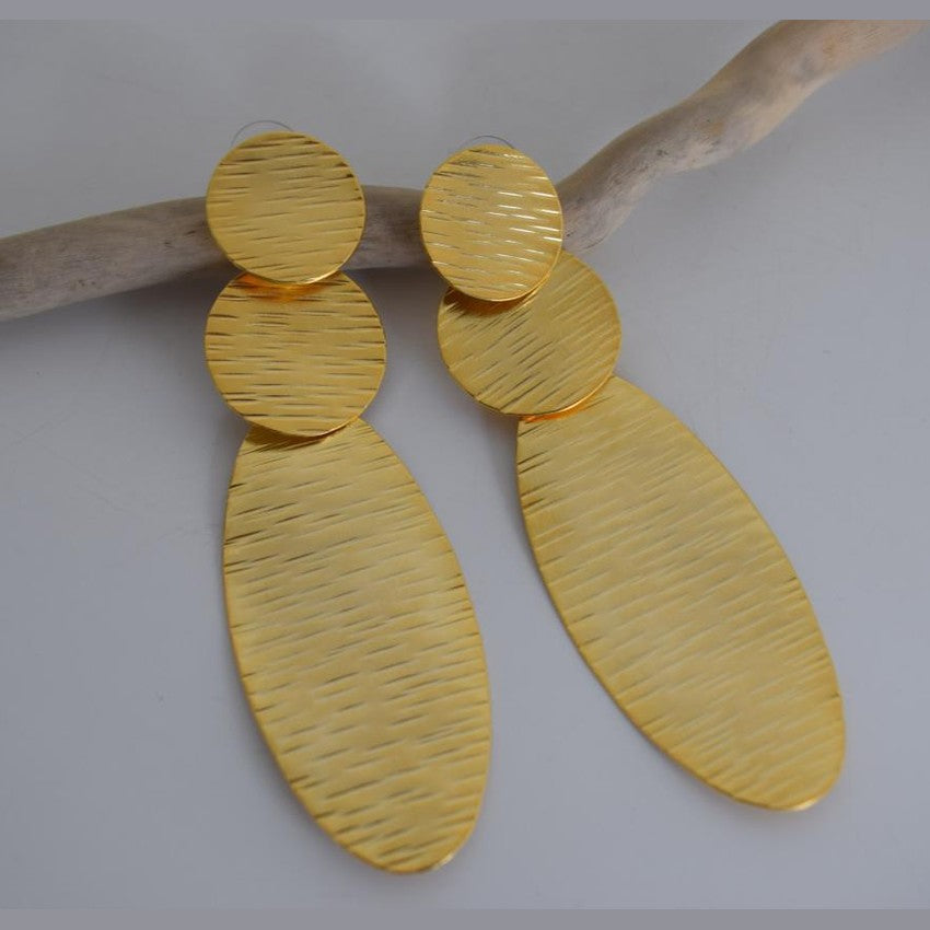 Hermes3 Earrings – Handmade Greek Hammered Jewelry in gold or silver plated with bold three-disc hammered design inspired by divine movement.