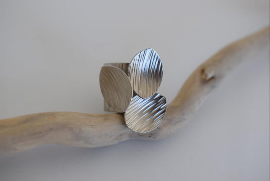 Anemone Ring handmade Greek hammered jewelry available in 18K gold plated and 18K silver plated finish with adjustable one size fit.