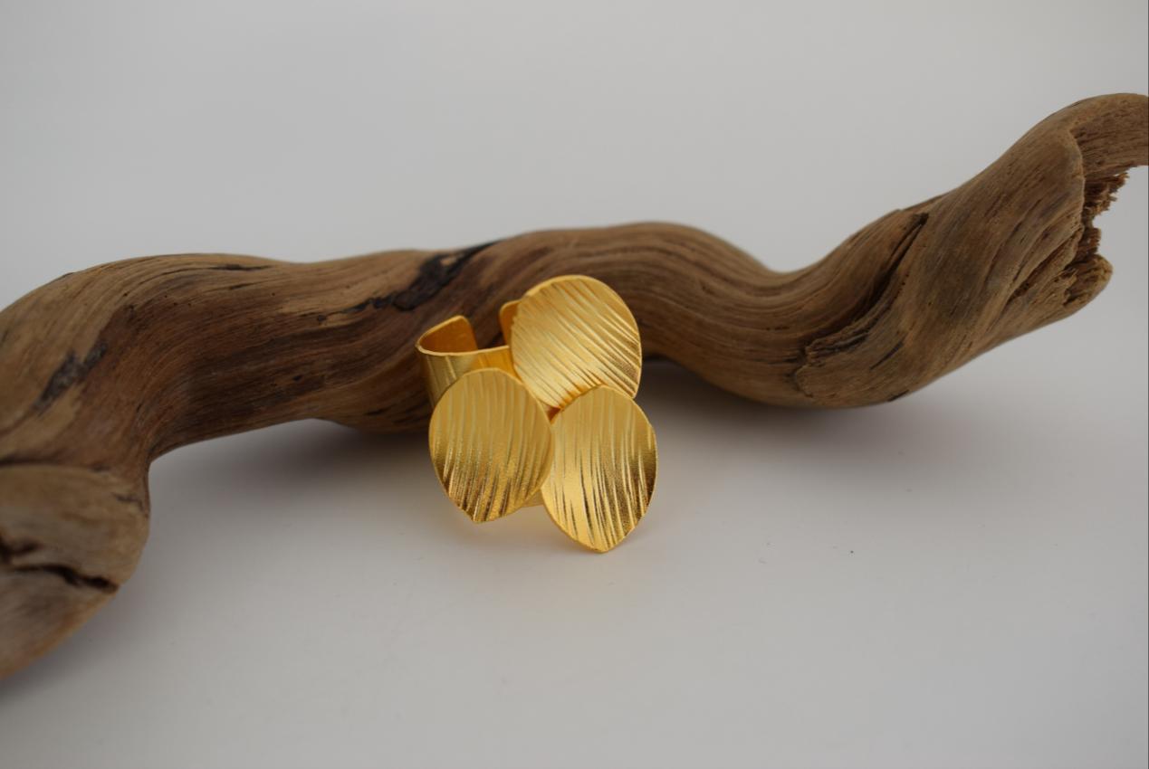 Anemone Ring handmade Greek hammered jewelry available in 18K gold plated and 18K silver plated finish with adjustable one size fit.