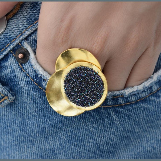 Galaxia2 Ring handmade Greek hammered jewelry with fine crystals available in 18K gold plated and 18K silver plated finish.