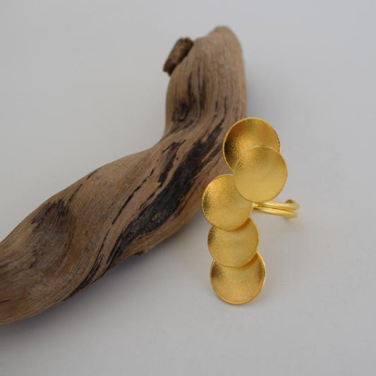 Mycenae Ring – Handmade Greek Hammered Jewelry adjustable multi-disc statement ring available in 18K gold plated and 18K silver plated finishes.
