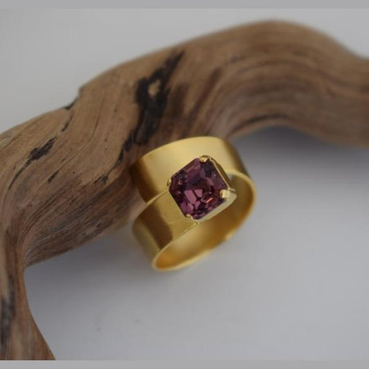 Okeanos Ring – Handmade Greek Hammered Jewelry bold adjustable band with fine crystal available in 18K gold plated and 18K silver plated finishes.
