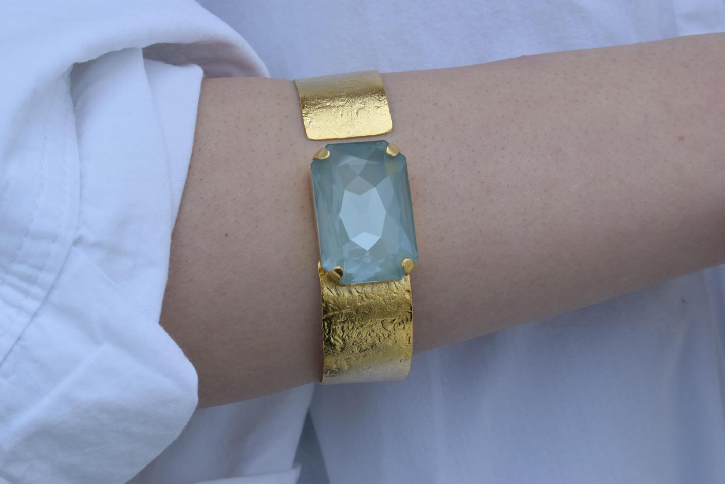 Okeanos bracelet Greek hammered jewelry with emerald-cut crystal in 18K gold, silver, and rose gold plated finish.