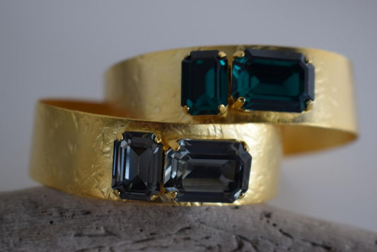Electra bracelet – Greek hammered jewelry cuff with emerald-cut crystals, inspired by the radiant heroine Electra, available in 18K gold-plated, 18K silver-plated, and rose-gold plated finishes.