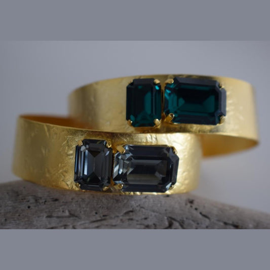 Electra bracelet – Greek hammered jewelry cuff with emerald-cut crystals, inspired by the radiant heroine Electra, available in 18K gold-plated, 18K silver-plated, and rose-gold plated finishes.