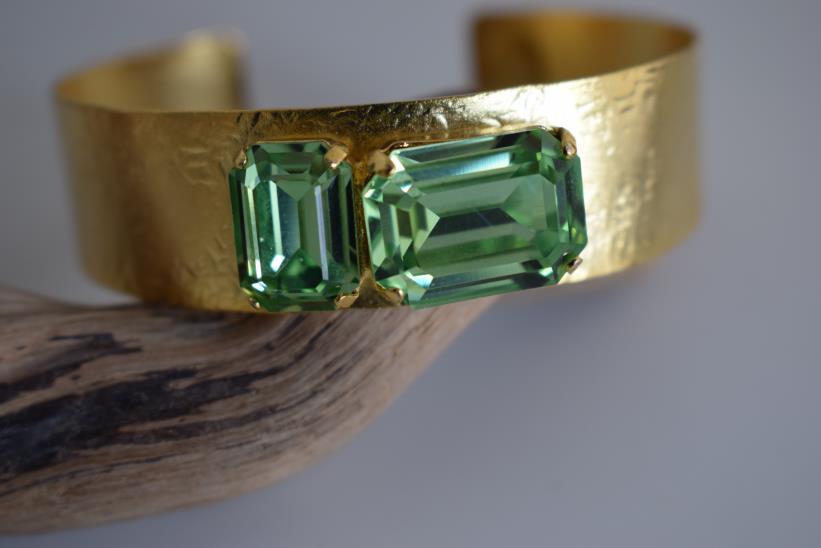 Electra bracelet – Greek hammered jewelry cuff with emerald-cut crystals, inspired by the radiant heroine Electra, available in 18K gold-plated, 18K silver-plated, and rose-gold plated finishes.