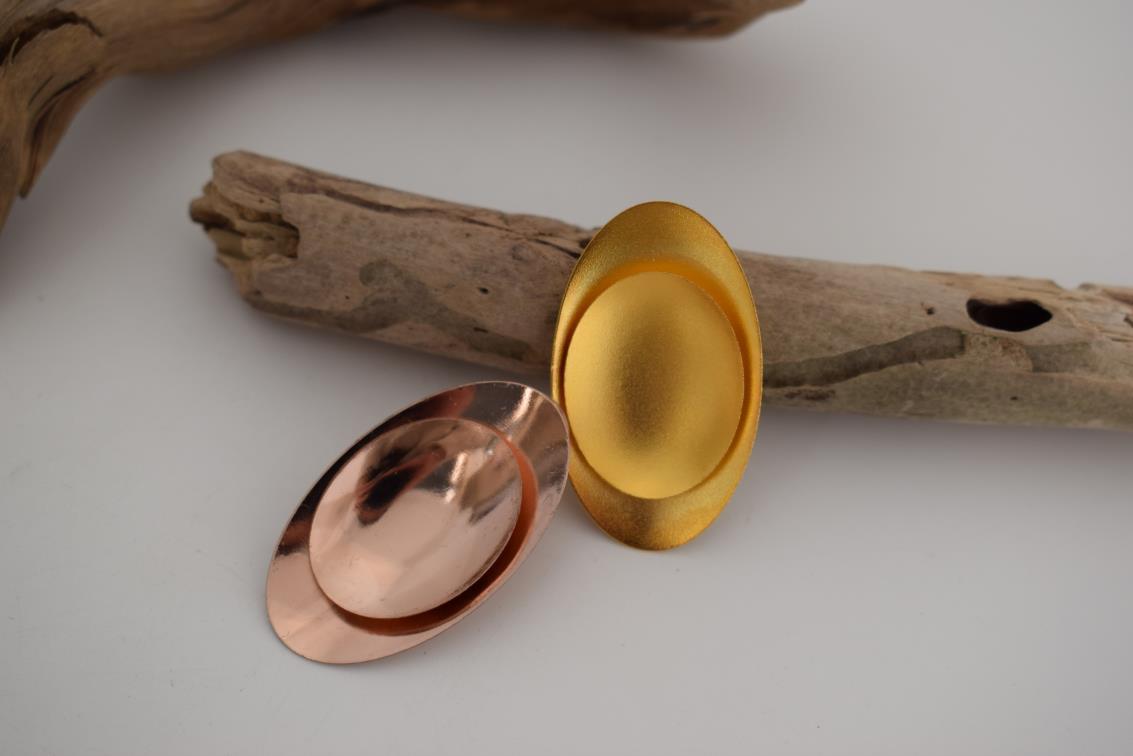 Ouranos earrings – Greek hammered jewelry with bold oval design, inspired by the god of the sky, available in 18K gold-plated, 18K silver-plated, and rose-gold plated finishes.
